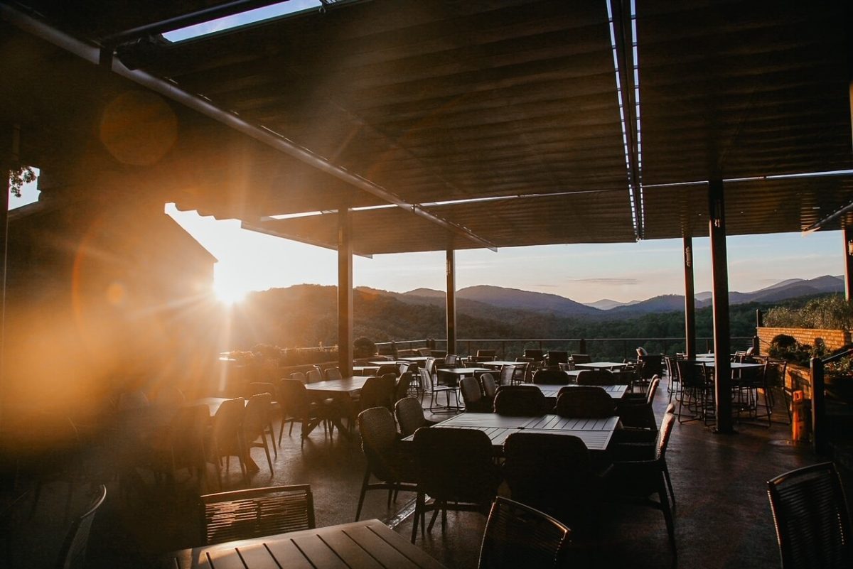 rooftop patio at sunset