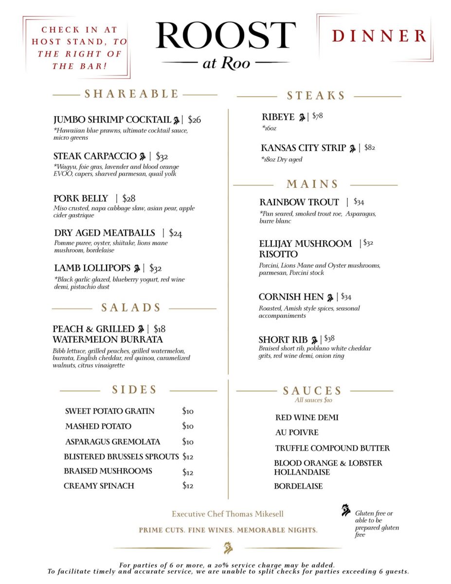 The Roost Bistro Dinner Menu